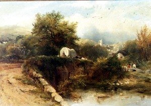 George Frederick Watts - A covered waggon crossing a bridge with a village beyond