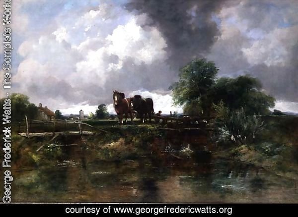 Wooded river landscape with horses working a lock