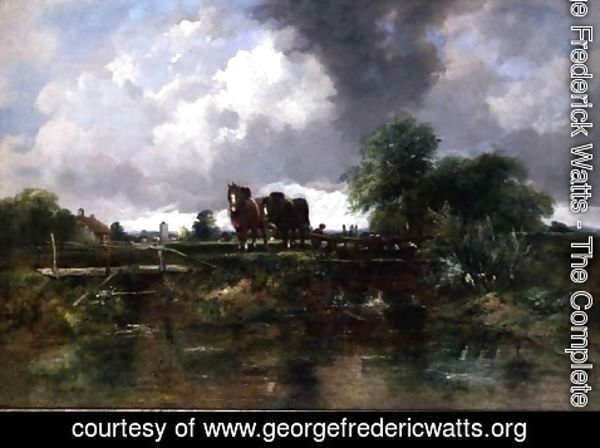 George Frederick Watts - Wooded river landscape with horses working a lock