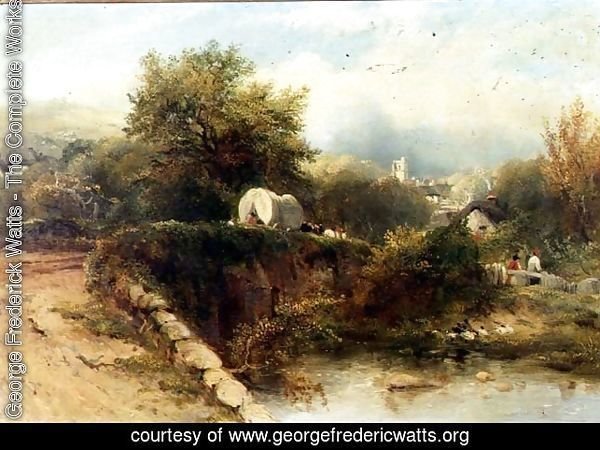 A covered waggon crossing a bridge with a village beyond