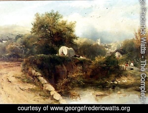 George Frederick Watts - A covered waggon crossing a bridge with a village beyond