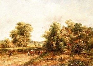 Summer landscape at eventide with drovers and cattle
